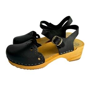 Skola Kajsa Clogs Mary Jane Sandals Black Leather Wood Sole Shoes Womens 36 6